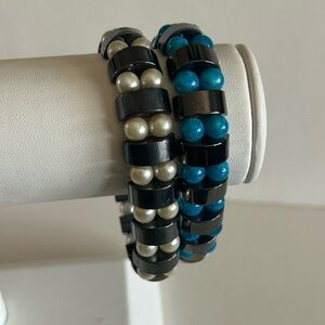 Vintage Magnetic Black Hematite & Silver & Chrysocolla Beaded Bracelet Set 2